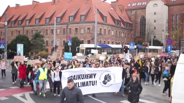 Breslavia, Polonia - 29 novembre 2019. Sciopero climatico degli studenti. Manifesti in polacco La Polonia è colorata e non carbone, scioperiamo per il clima, sciopero del clima giovanile, come il carbone solo in Minecraft — Video Stock