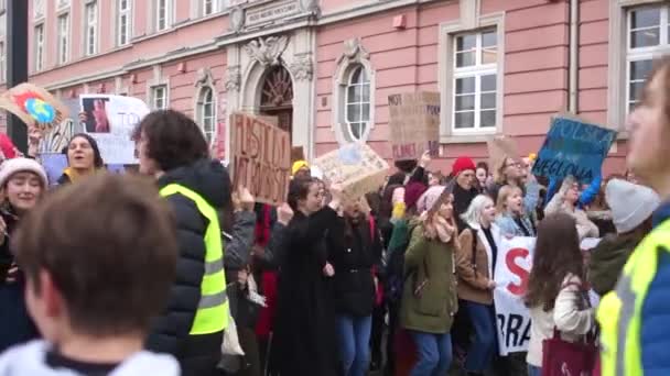 Wroclaw, Poland - November 29,2019. Climate strike. Posters in Polish - Poland is colored and not coal, we strike for climate, youth climate strike, will be farsighted, remove coal from everyday life — Stock Video