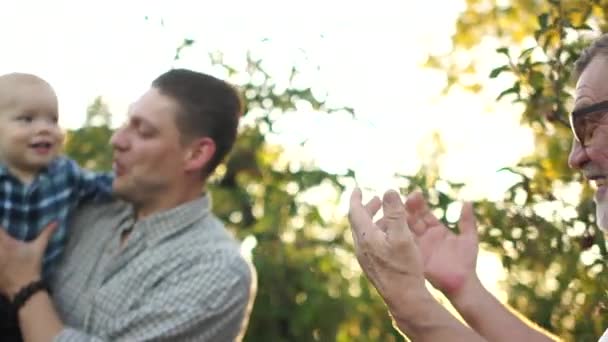 祖父、息子、孫はリンゴ園で楽しんでいます。若い男が息子を抱いてる祖父は赤ん坊に手を差し出してる — ストック動画