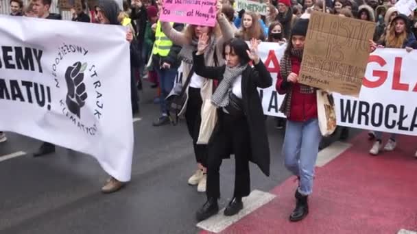 Wroclaw, Polsko - 29. listopadu2019. Klimatická stávka studentů. Plakáty v polštině - stávkujeme za klima, stávka mládeže, učení se nesmyslům, když příroda umírá, bude dalekozraké — Stock video
