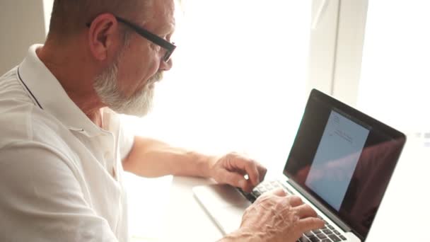 Älterer Mann, der zu Hause mit einem Laptop arbeitet. Schriftsteller oder Wissenschaftler bei der Arbeit. Seniorin schreibt Brief am Computer, Fernarbeit, Freiberufler