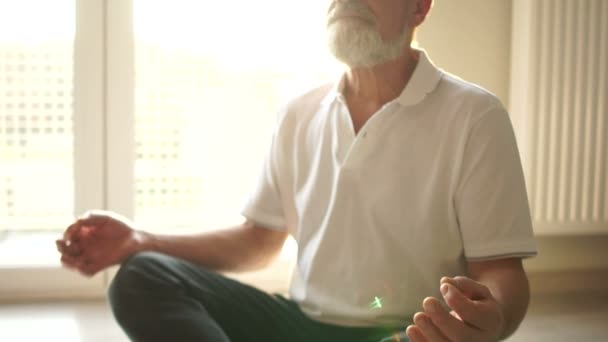 Homem sênior meditando em casa. Um homem maduro se senta no chão com um asana sentado, suas mãos dobradas em seus joelhos, brilho ensolarado — Vídeo de Stock