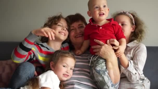 Портрет у приміщенні щаслива бабуся та її чотири онуки. Велика щаслива сім'я, дві сестри і два брати — стокове відео