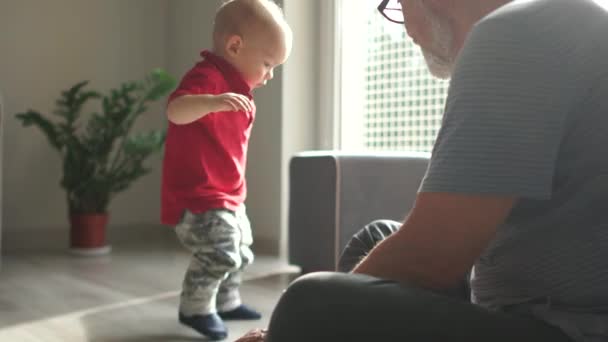 Abuelo jugando con el nieto pequeño, el abuelo cariñoso y el nieto preescolar lindo, divertirse en casa — Vídeo de stock