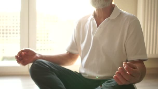 Nyugdíjas első alkalommal tanít meditációt és jóga órákat. Üledékes. Spirituális gyakorlatok, egészséges életmód. Egy idős férfi lótuszpózban ül a ház padlóján. Régi yog — Stock videók