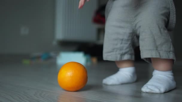 Κοντινό πλάνο, ένα δίχρονο μωρό σηκώνει ένα πορτοκάλι από το πάτωμα. Παιδιά και χορτοφαγία, υγιεινή διατροφή — Αρχείο Βίντεο