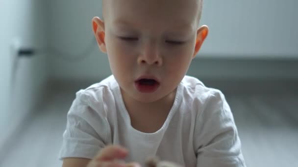 Child holds out a toy into the camera. Close portrait of a two year old boy playing with a wooden toy on the floor. Educational toys, happy childhood — 비디오