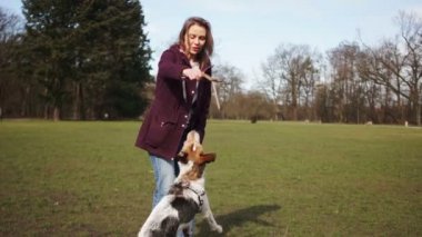 Parkta güzel bir köpekle yürüyüş yapan sevimli genç bir kız. Hanımım parkta yürürken köpeğiyle sopa oynuyor.