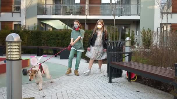 I bambini adolescenti in maschere protettive accompagnano il loro cane durante la quarantena. Epidemia di coronovirus, virus covid-19 — Video Stock