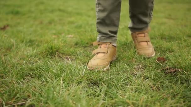 Close-up van mannelijke benen, een man gooit medische handschoenen en een beschermend masker op het gras. Coronovirus epidemie en ecologie. Medisch afval — Stockvideo