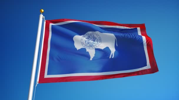 Wyoming (estado dos EUA) bandeira em câmera lenta perfeitamente looped com alfa — Vídeo de Stock