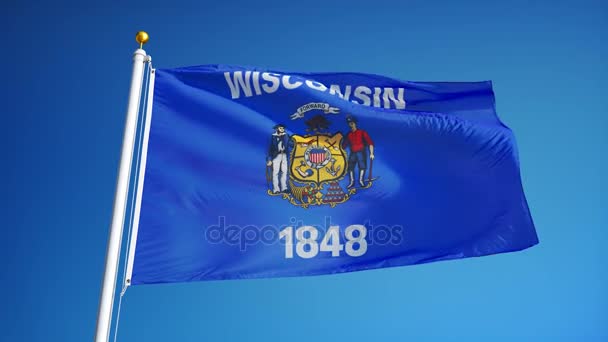 Bandera de Wisconsin (estado de los Estados Unidos) en cámara lenta en bucle continuo con alpha — Vídeo de stock