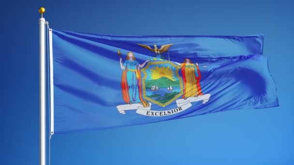 Флаг Нью-Йорка (штат США) в замедленной съемке плавно зациклен на альфе — стоковое видео