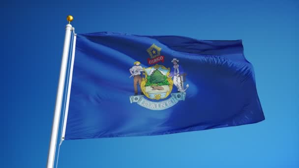 Bandeira do Maine (estado dos EUA) em câmera lenta perfeitamente enrolada com alfa — Vídeo de Stock