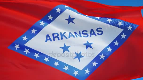 Bandera de Arkansas (estado de los Estados Unidos) en cámara lenta en bucle continuo con alpha — Vídeo de stock