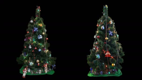 2 weihnachtlich geschmückte Weihnachtsbäume mit leuchtenden bunten Lichtern — Stockvideo