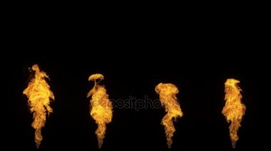 Bir dizi 4 izole yangın alevler, ağır çekim gaz ateşleme alttan üste