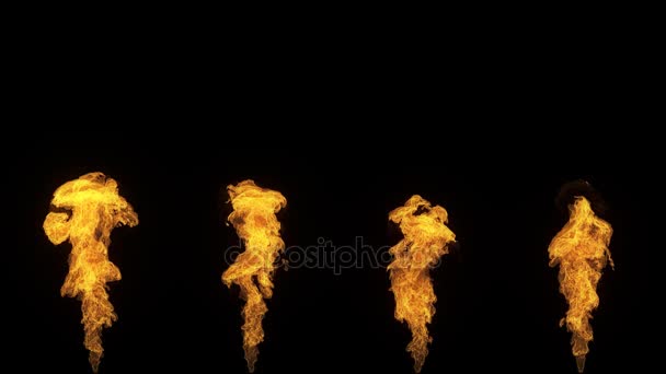 Ensemble de 4 flammes de feu isolées, allumage au gaz au ralenti de bas en haut 