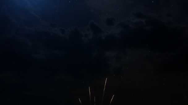 Felices Fiestas texto de saludo con fuegos artificiales de cámara lenta de colores — Vídeos de Stock