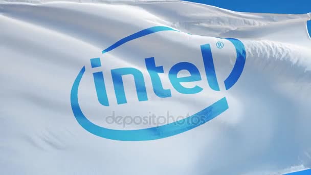 Bandera de la compañía Intel en cámara lenta, animación editorial — Vídeo de stock