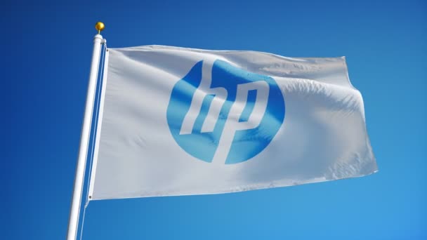 Флаг компании Hewlett-Packard в замедленной съемке, редакционная анимация — стоковое видео