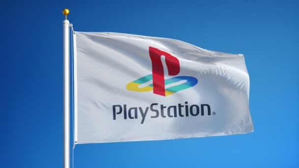 PlayStation εταιρεία σημαία σε αργή κίνηση, Εκδοτική κίνηση — Αρχείο Βίντεο