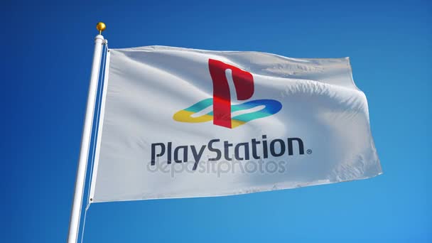 PlayStation εταιρεία σημαία σε αργή κίνηση, Εκδοτική κίνηση — Αρχείο Βίντεο