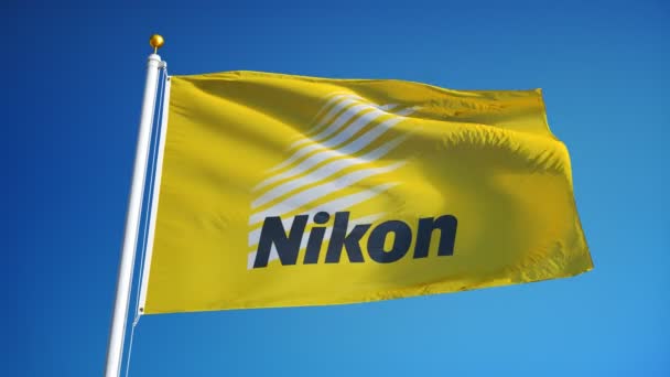 Vlajka společnosti Nikon ve zpomaleném filmu, redakční animace — Stock video