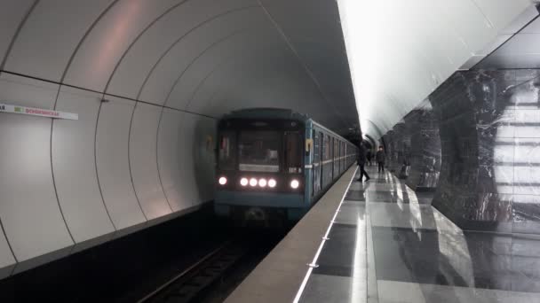 Moscú Enero 2017 Tren Subterráneo Moscú Metro Llega Una Estación — Vídeos de Stock