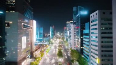 O gece Seul Gangnam Bölgesi 'nin çok güzel bir hipervanesi vardı. Otoyolun üstündeki modern gökdelenler arasında hareket eden kamera sokakların, binaların ve yol trafiğinin ışıltılı ışıklarını gösteriyor..