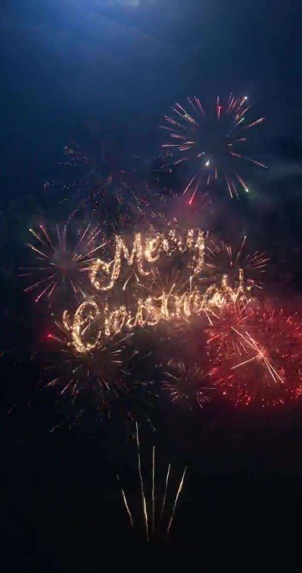 Veselé Vánoce Vertikální Pozdrav Text Částicemi Jiskry Černé Noční Obloze — Stock video