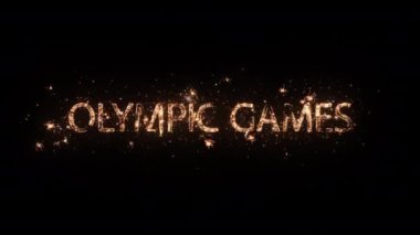 Tokyo, Japonya 'da 2020 Yaz Olimpiyat Oyunları gece gökyüzünde ışıldayan parçacıklar ve kıvılcımlarla dolu metin ve logoyu selamlıyor. Güzel sihirli tipografi tasarımı..