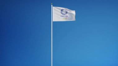 2020 Tokyo Olimpiyat Oyunları bayrağı mavi gökyüzüne karşı yavaş çekimde dalgalanıyor, pürüzsüz döngü halinde, uzun çekim, alfa kanalında siyah ve beyaz ışıklı, film, haber ve dijital için mükemmel..