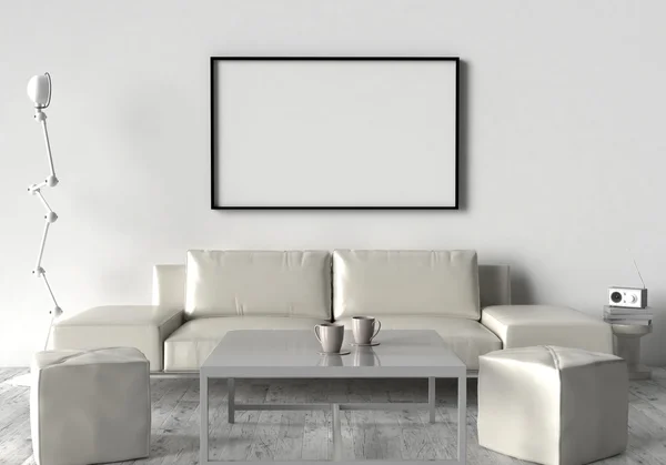 Living room, sofa, two stool and table. On the wall of an empty — Stock Photo, Image