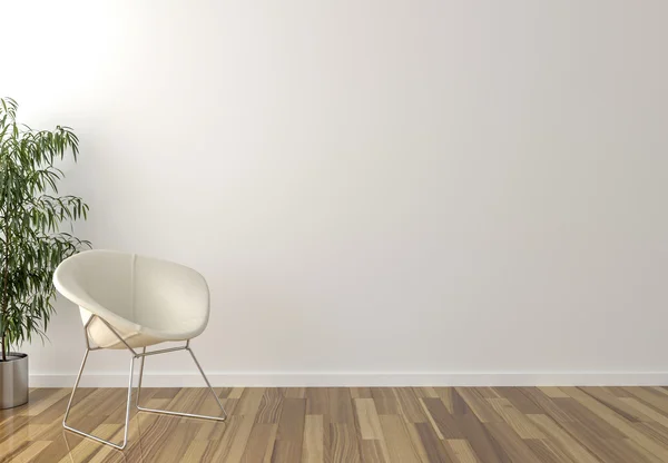 Yalnız beyaz sandalye, iç bitki ve arka planda boş duvar — Stok fotoğraf