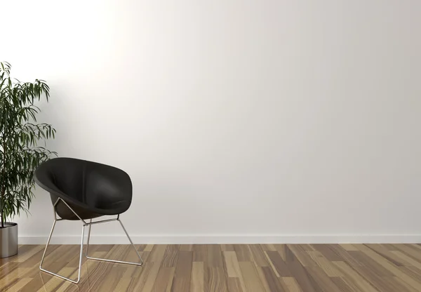 Yalnız siyah sandalye, iç bitki ve arka planda boş duvar — Stok fotoğraf