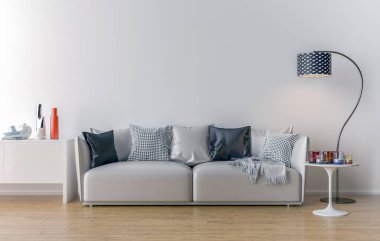 Arka plan beyaz duvar ile boş oturma odası