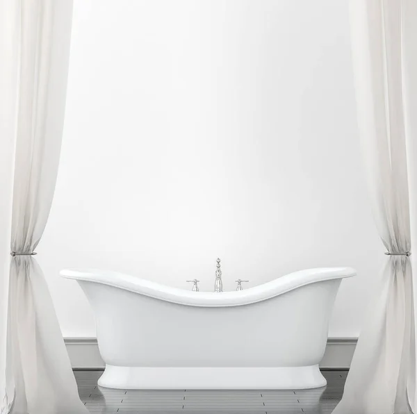 Внутренний фон - ванная комната с белыми шторами. Нарисуй сзади. — стоковое фото