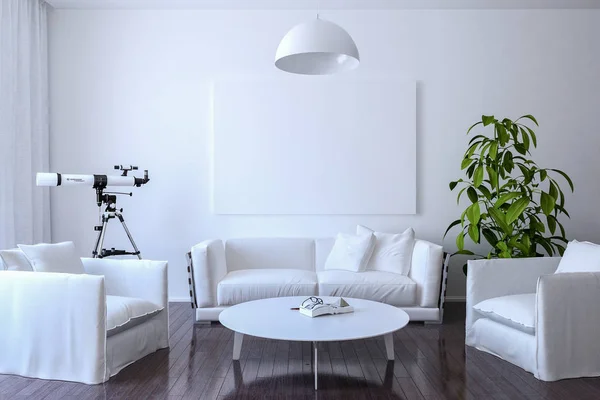 Λευκό καμβά στον τοίχο στο καθιστικό. 3D καθιστούν. — Φωτογραφία Αρχείου