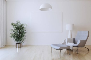 Beyaz Tuval duvar oturma odasında. 3D render.