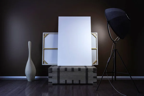 Lienzo en blanco en una caja vieja, iluminación de la habitación y decoración —  Fotos de Stock