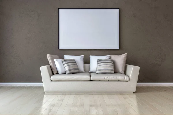Weiße Leinwand an der Wand im Wohnzimmer. 3D-Darstellung. — Stockfoto
