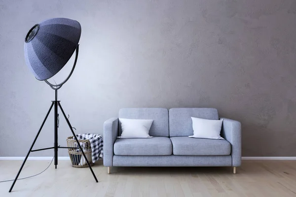 Belső lámpa, kanapéval, üres fal-ban háttér. — Stock Fotó