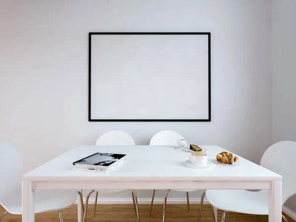 Konyha asztal és szék, üres képdoboz a falon — Stock Fotó