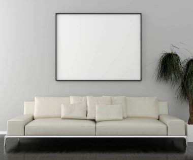 Boş resim çerçevesi ve iç üretim tesisi ile kanepe. 