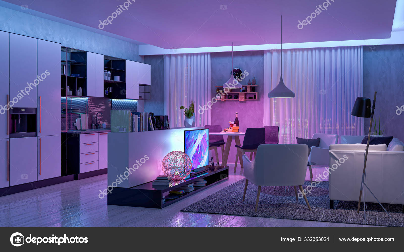 Inhibere genert Let Modern Living room with colored led light - Smart home Stock Photo by  ©pozitivo 332353024