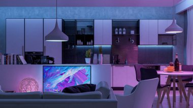Renkli ışıklı modern oturma odası - akıllı ev