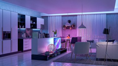 Renkli ışıklı modern oturma odası - akıllı ev
