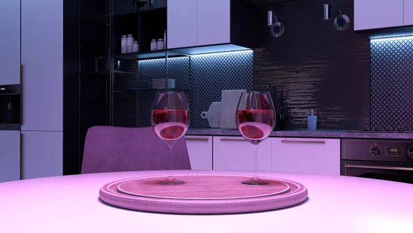 Due bicchieri di vino - Cucina moderna con luci colorate — Foto Stock