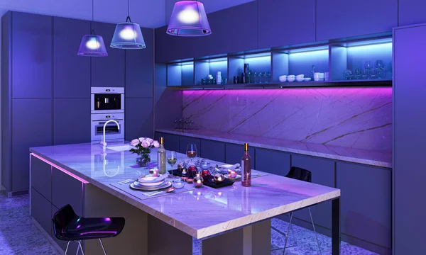 Cucina moderna con luci led colorate — Foto Stock